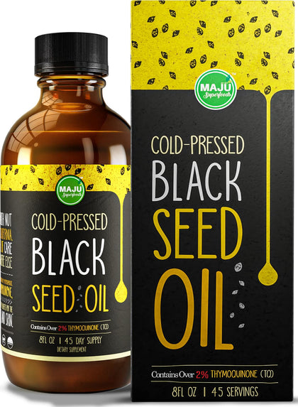 MAJU Black Seed Oil - 3 Times Thymoquinone, Cold-Pressed, 100% Turkish Black Cumin Seed Oil, Liquid Pure Blackseed Oil, Glass Bottle, 8 oz