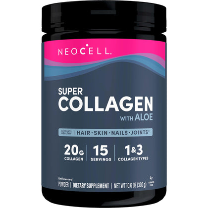 Neocell Super Collagen with Aloe; Collagen Type 1 and 3; Supports Healthy Hair, Skin and Nails; Gluten Free; Unflavored Powder; 10 g Collagen/Serving; 30 Servings; 10.6 Oz,*