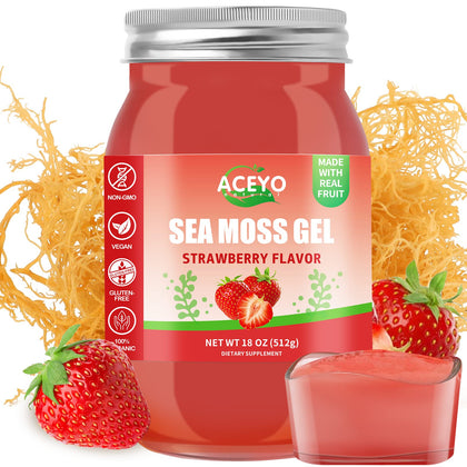 (18 OZ) Irish Sea Moss Gel Organic Raw Vegan Strawberry Flavor 102 Vitamins and Minerals Wild Harvested Non-GMO Immune Defense Booster Thyroid Digestive Support