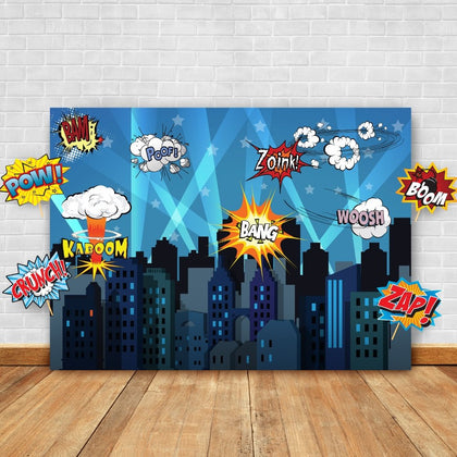 Superheroes Theme Party Photography Backdrop with Prop, Flag & Mask. Super Hero Cityscape Photo Booth Background for Kids Party, Birthday Wall Decorations