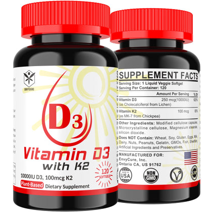 Vitamin D3 K2 Vegan Vitamin D3 10000IU + Vitamin K2(100mcg VitaMK7) from Chickpea - Supports Bone, Muscle, Immune &Teeth Health,Easy to Swallow, Vitamin D & K Complex Plant Based, Non-GMO120 Softgel