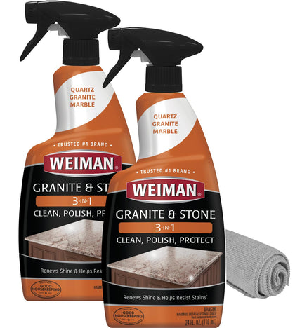 Weiman Granite Cleaner Polish and Protect 3 in 1-2 Pack - Streak-Free, pH Neutral Formula for Daily Use on Interior & Exterior Natural Stone with Microfiber Towel