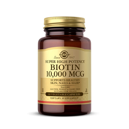 Solgar Biotin 10,000 mcg, 60 Vegetable Capsules - Energy, Metabolism, Promotes Healthy Skin, Nails & Hair - Super High Potency - Non-GMO, Vegan, Gluten Free, Dairy Free, Kosher - 60 Servings