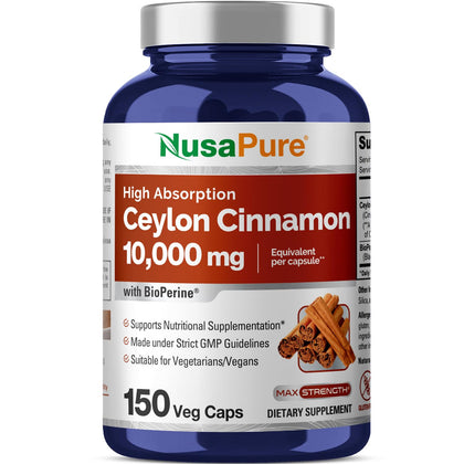 NusaPure Ceylon Cinnamon 10,000mg Per Caps | 150 Veggie Capsules | Non-GMO, Gluten-Free, Vegan with Bioperine