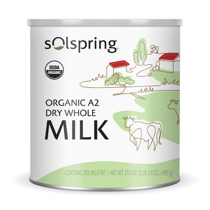 Solspring Organic A2 Dry Whole Milk, 15 Servings, 17.4 Oz. (495 g), Contains 26% Milk Fat, Gluten Free, Soy Free, Certified USDA Organic, Dr. Mercola