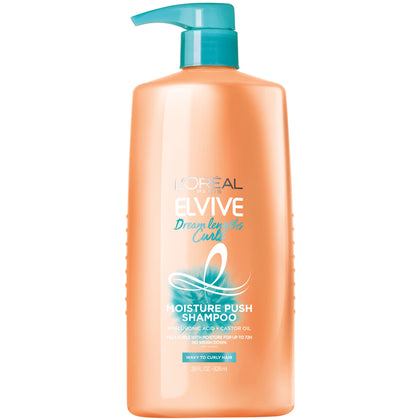 LOréal Paris Elvive Dream Lengths Curls Moisture Push Shampoo, Paraben-Free with Hyaluronic Acid and Castor Oil. Best for wavy hair to curly hair, 28 fl oz