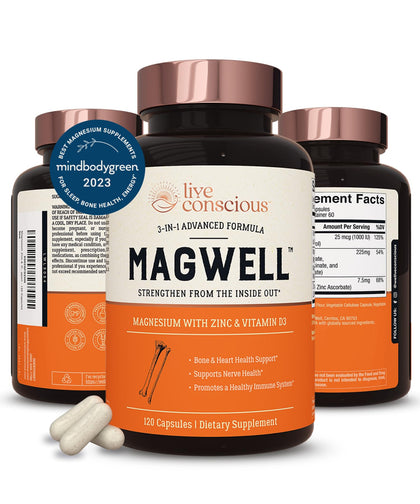 Live Conscious Magwell Magnesium Zinc & Vitamin D3 - Magnesium Glycinate, Malate, & Citrate - Triple Supplement for Women & Men - for Sleep, Bone, Heart, Immune Support - 120 Caps