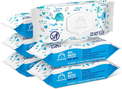 Amazon Brand - Mama Bear 99% Water Baby Wipes, Hypoallergenic, Fragrance Free, 432 Count (6 Packs of 72)