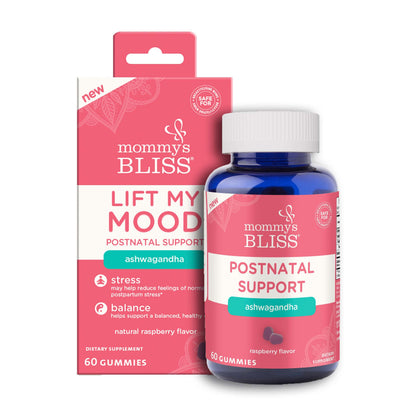 Mommy's Bliss Lift My Mood Postnatal Support Ashwagandha, May Reduce Stress & Support a Balanced Healthy Mood, Vegan, Delicious Rasberry Flavor, 60 Gummies (30 Servings)