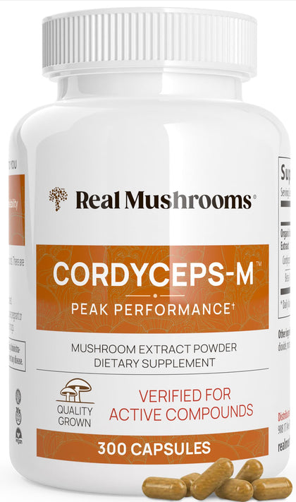 Real Mushrooms Cordyceps Capsules - Performance Mushroom Extract Supplement with Organic Cordyceps Militaris for Energy & Immune Support - Vegan Cordyceps Mushroom Supplement, Non-GMO, 300 Caps