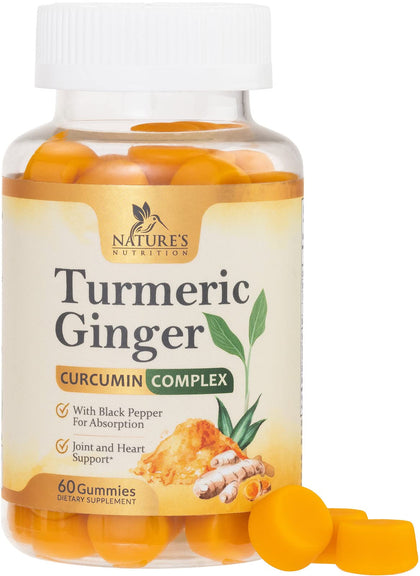 Turmeric Curcumin & Ginger Gummies 95% Curcuminoids with Black Pepper Extract for Max Absorption Joint Support, Nature's Tumeric Herbal Extract Supplement, Vegan Gummy Capsules, Non-GMO - 60 Gummies