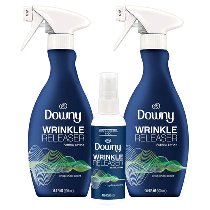 Downy Wrinkle Releaser Spray, All In One Formula, Removes Wrinkles, Static and Odors, Crisp Linen Scent, 16.9 Fl Oz, Pack of 2 + Travel Size Spray