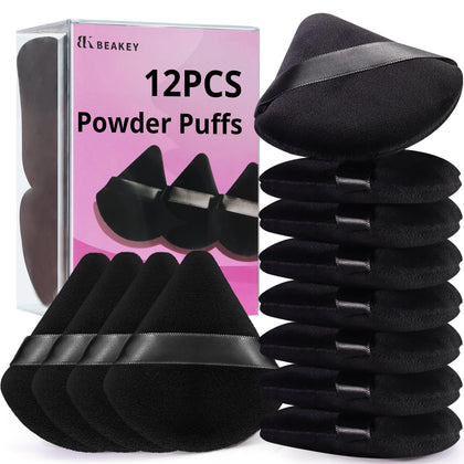 BEAKEY 12pcs Powder Puffs for Face Powder Triangle Powder Puff for Loose & Cosmetic Foundation, Makeup Puff for Contouring, Cloud Kiss Makeup Sponges Beauty Makeup Tools, Double 6 Pack Black