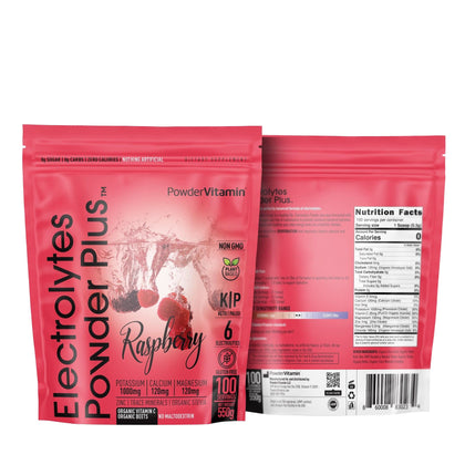 PowderVitamin Electrolytes Powder Plus (100 Servings) Raspberry Electrolyte Powder, Zero Calorie, Keto, 0 Sugar, No Maltodextrin,1000mg Potassium,120mg Calcium,120mg Magnesium, Energy Hydration Powder