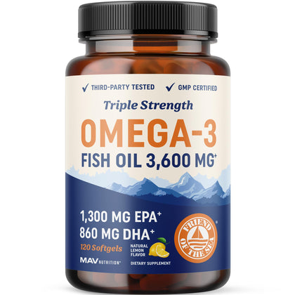 Triple Strength Omega 3 Fish Oil | 3600 mg EPA & DHA | Over 2100mg of Omega 3 Fatty Acids | 1300mg EPA + 860mg DHA | Best Essential Fatty Acids | Premium Burpless Softgel Supplements (120 Ct)