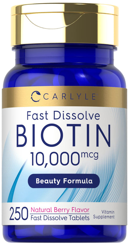 Carlyle Biotin 10000mcg | 250 Fast Dissolve Tablets | Max Strength | Vegetarian, Non-GMO, Gluten Free Supplement