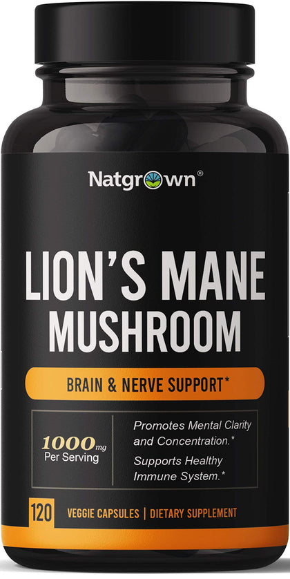 Natgrown Lions Mane Mushroom Supplement Capsules - Organic Lions Mane Extract Nootropic Brain Supplement for Men & Women - Promotes Mental Clarity, Focus, and Memory - Vegan Pills