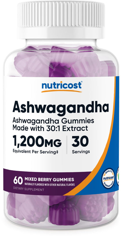 Nutricost Ashwagandha Gummies 1200mg Equivalent Per Serving (Mixed Berry Flavor), 60 Gummies, 30 Servings