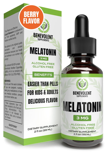 Benevolent Melatonin Liquid for Adults 3mg, Liquid Melatonin Drops for Kids 2 Month Supply, Berry Vanilla Flavor & Made in USA, Melatonin Sleep Aid Helps Fall Asleep Faster & Stay Asleep Longer