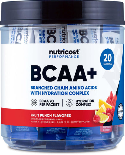 Nutricost BCAA+ Hydration Fruit Punch Flavor (20 Stickpacks) - Branched Chain Amino Acids with Hydration Complex - Gluten-Free, Non-GMO