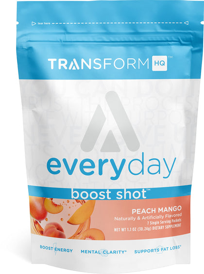 TransformHQ Boost Shot Powder Drink Stick Packets, Peach Mango, 7 Pack, Energy Supplements for Women & Men, with Caffeine, Vitamin B12, B9, B6 & B3