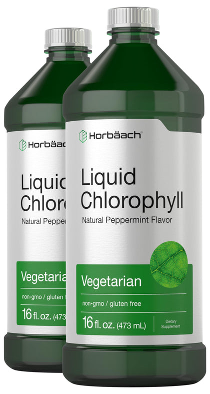 Horbäach Chlorophyll Liquid Drops 100mg | 32 oz (2 x 16 oz Bottles) | Natural Peppermint Flavor | Vegetarian, Non-GMO, and Gluten Free Formula