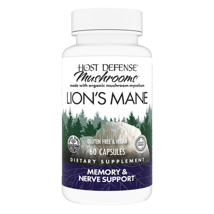 Host Defense Mushrooms Lion's Mane - Brain Health Support Supplement - Mushroom Supplement to Support Focus & Memory Function - Immune & Nervous System Support Supplement - 60 Capsules (30 Servings)*