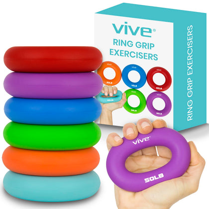 Vive Hand Strengthener Grip Ring (6 Pack) - Forearm Ring Hand Exercisers - Silicone Squeezer Gripper for Muscle Strengthening Training Tool - Arthritis Finger Physical Therapy PT Kit Trainer