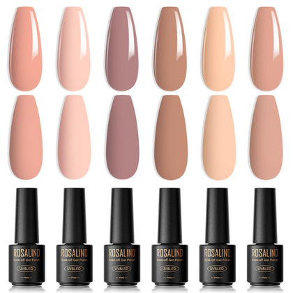 ROSALIND 6PCS Nude Gel Polish Set, Nude Brown Gel Nail Polish Brown Gel Polish Series Nude Gel Collection Nail Art DIY at Home(Update Version)