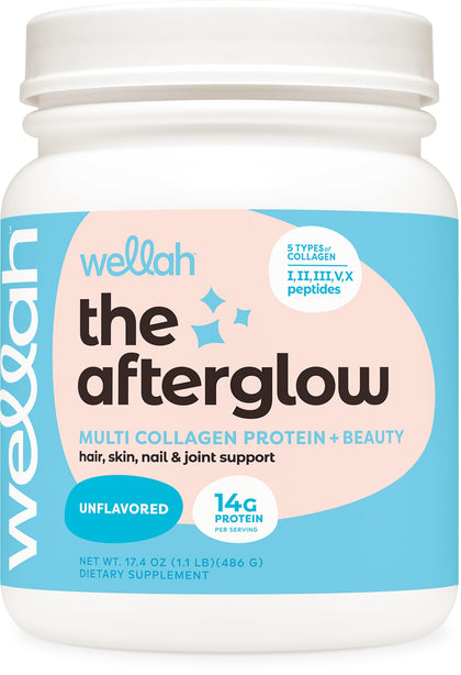 Wellah The Afterglow Multi Collagen Protein + Beauty (30 Servings, Unflavored) - Hair, Skin, Nail & Joint Support - Non-GMO and Gluten Free