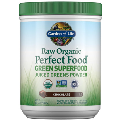 Garden of Life Raw Organic Perfect Food Green Superfood Juiced Greens Powder - Chocolate, 60 Servings, Non-GMO, Gluten Free, Vegan Whole Food Dietary Supplement, Plus Probiotics, Enzymes