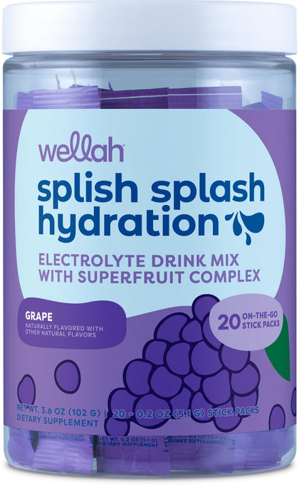 Wellah Splish Splash Hydration (Grape Flavor) 20 Stick Packs - Electrolyte Drink Mix with Superfruit Complex