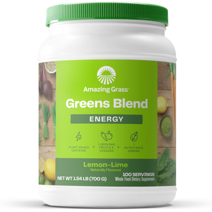 Amazing Grass Green Superfood Energy: Greens Powder with Plant Based Caffeine, Matcha Green Tea and Flax Seed, Nootropics Support, Lemon Lime, 100 Servings