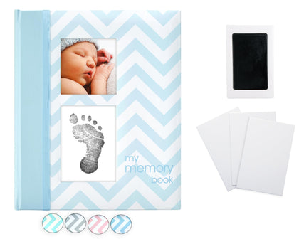 Pearhead Baby Memory Book, First 5 Years Baby Milestone Book, Pregnancy Journal, Newborn Baby Boy Keepsake, With Clean-Touch Ink Pad For Baby's Handprint or Footprint, Blue Chevron