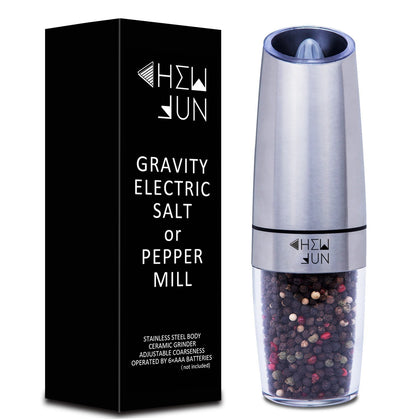 Gravity Salt and Pepper Grinder with Adjustable Coarseness Automatic Pepper and Salt Mill Battery Powered with Blue LED Light,One Hand Operated,Brushed Stainless Steel by CHEW FUN