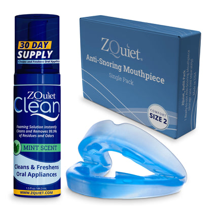 ZQuiet Anti-Snoring Mouthpiece Solution - Comfort Size #2 (Single Device) + Cleaner (1.5oz Bottle) - Made in USA Snoring Solution for a Better Nights Sleep (Blue)