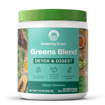 Amazing Grass Greens Superfood Detox & Digest: Greens Powder with Digestive Enzymes & Probiotics, Clean Green, 30 Servings (Packaging May Vary)