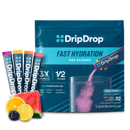 DripDrop Hydration - Bold Variety Pack - Electrolyte Drink Mix Single Serve Hydration Powder Packets - Watermelon, Berry, Lemon, Orange | Non-GMO, Gluten Free, Vegan | 32 Sticks