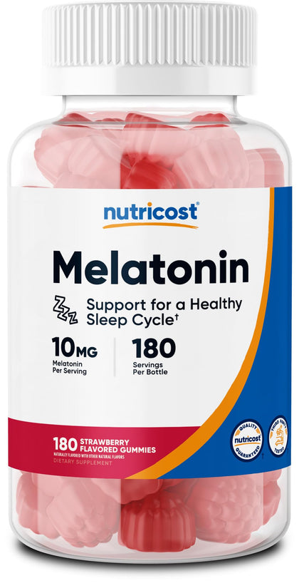 Nutricost Melatonin 10mg, 180 Gummies (90 Serv), Strawberry Flavored - Gluten Free, Non-GMO, No Corn Syrup