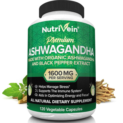 Nutrivein Organic Ashwagandha Capsules 1600mg with Black Pepper Extract - 120 Vegan Pills - 100% Pure Root Powder Supplement - Supports Stress Relief, Immune, Energy, Stamina & Mood