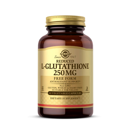 Solgar Reduced L-Glutathione 250 mg, 60 Vegetable Capsules - Antioxidant Support - Free Form Amino Acids - Non-GMO, Vegan, Gluten Free, Dairy Free, Kosher - 60 Servings