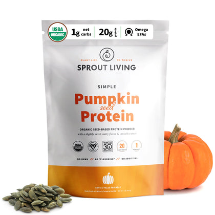 Sprout Living Simple Pumpkin Seed Protein Powder, 20 Grams Organic Plant Based Protein Powder Without Artificial Sweeteners, Non Dairy, Non-GMO, Vegan, Gluten Free, Keto Drink Mix (1 Pound)