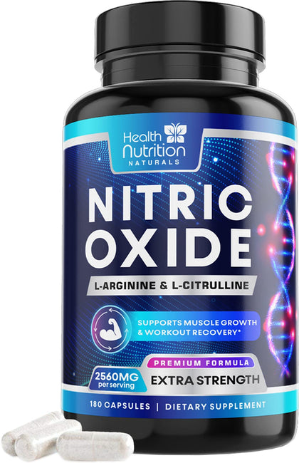 Extra Strength Nitric Oxide Supplement L Arginine 3X Strength - Citrulline Malate, AAKG, Beta Alanine - Premium Muscle Supporting Nitric Booster for Energy & Strength to Train Harder - 180 Capsules