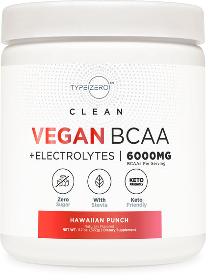 Type Zero Ultra Clean Vegan BCAA Powder + Electrolytes (Hawaiian Punch | 6G) 2:1:1 Sugar-Free/No Sucralose BCAAs Amino Acids Supplement for Women/Men - Best BCAA Vegan Amino Acids After Workout Drink