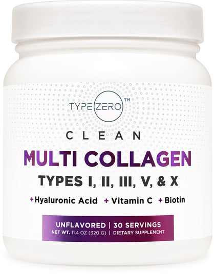 Type Zero Multi Collagen Powder 30 Servings (Unflavored) - Types I, II, III, V, & X Collagen Peptides + Hyaluronic Acid, VIT C, Biotin