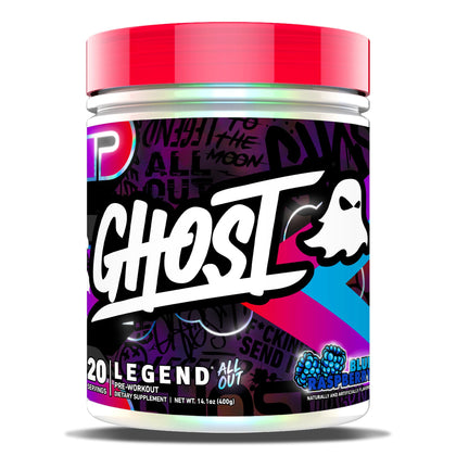 GHOST Legend All Out Pre-Workout Powder, Blue Raspberry - 20 Servings - Pre-Workout Supplement for Men & Women - Energy & Pumps - Caffeine, L-Citrulline, & Beta Alanine Blend - Sugar Free