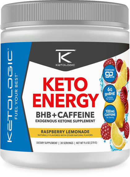 KetoLogic BHB KetoEnergy Exogenous Ketones Powder with Caffeine | Raspberry Lemonade - 30 Serve | Supports Low Carb, Keto Diet & Boosts Energy, Focus | Keto Pre-Workout Supplement, Beta-Hydroxybutyra