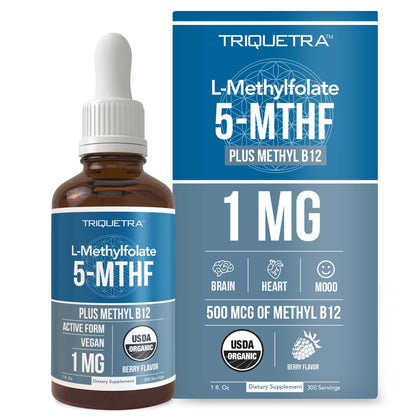 Organic Methyl Folate 1000 mcg + Methyl B12 Cofactor (300 Servings) - Metabolically Active 5-MTHF Form, Organic Berry Flavor, Liquid Sublingual Form - Mood, Cognition, Methylation, Pregnancy (1oz)