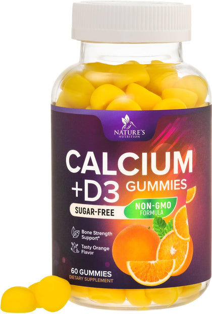 Sugar Free Calcium Gummy Bites Plus 400 IU Vitamin D3, Bone Health & Immune Support, Supports Bone Strength - Chewable Calcium Nutrition Supplement, Non-GMO, Orange Flavor Chews - 60 Gummies