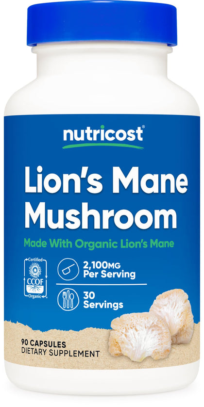 Nutricost Lion's Mane Mushroom Capsules 1650mg, 30 Servings - CCOF Certified Made with Organic, Vegetarian, Gluten Free, 550mg Per Capsule, 90 Capsules